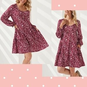 SUZANNE BETRO SILKY KNIT TIERED DRESS~DARK RED & WHITE FLORAL~RUFFLED HEM~LARGE